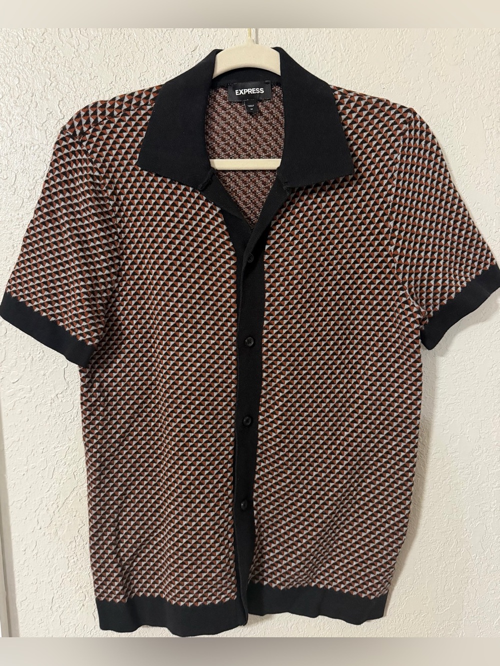 Express Short Sleeve Knit Polo Shirt in Brown and Black Geo